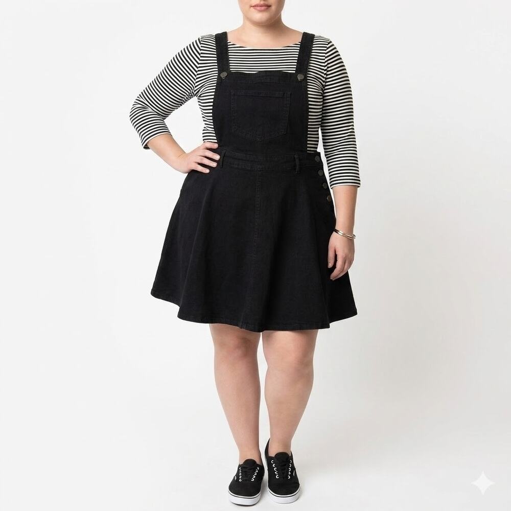 Hell Bunny Dakota Black Pinafore Retro Rockabilly Overall Bib Dress Women's 2XL